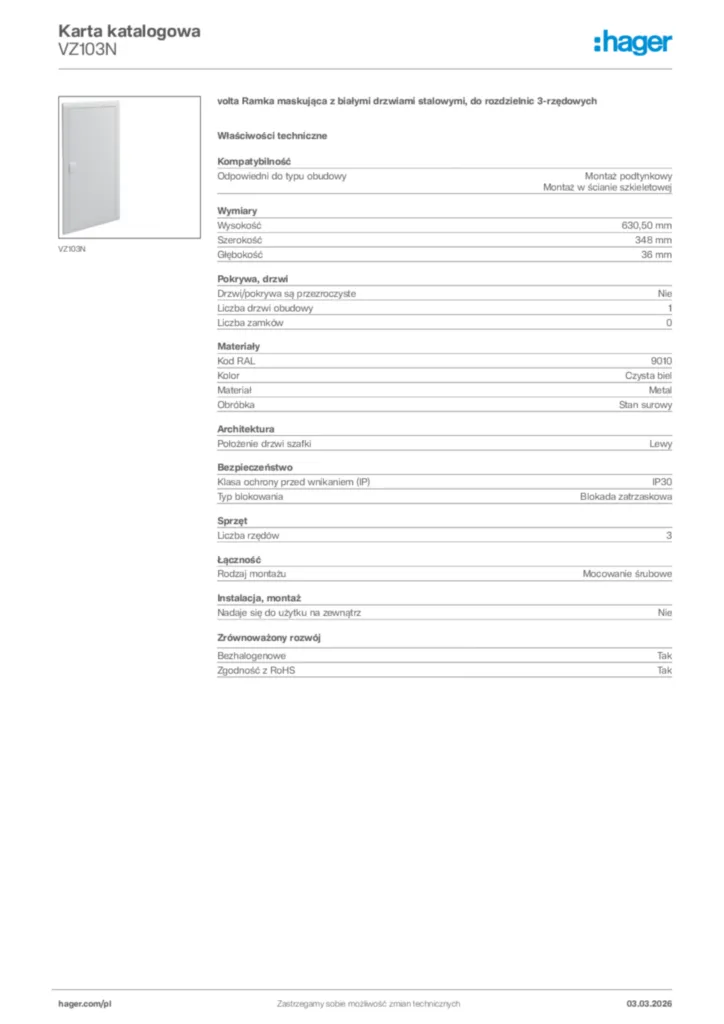 Zdjęcie Hager Karta katalogowa VZ103N | Hager Polska