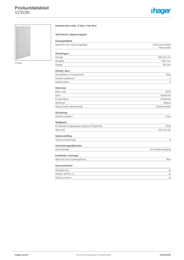 Afbeelding Hager Productdatablad VZ103N | Hager Nederland