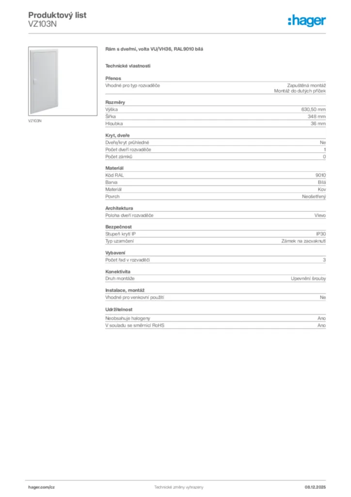 Obrázek Hager Product data sheet VZ103N | Hager