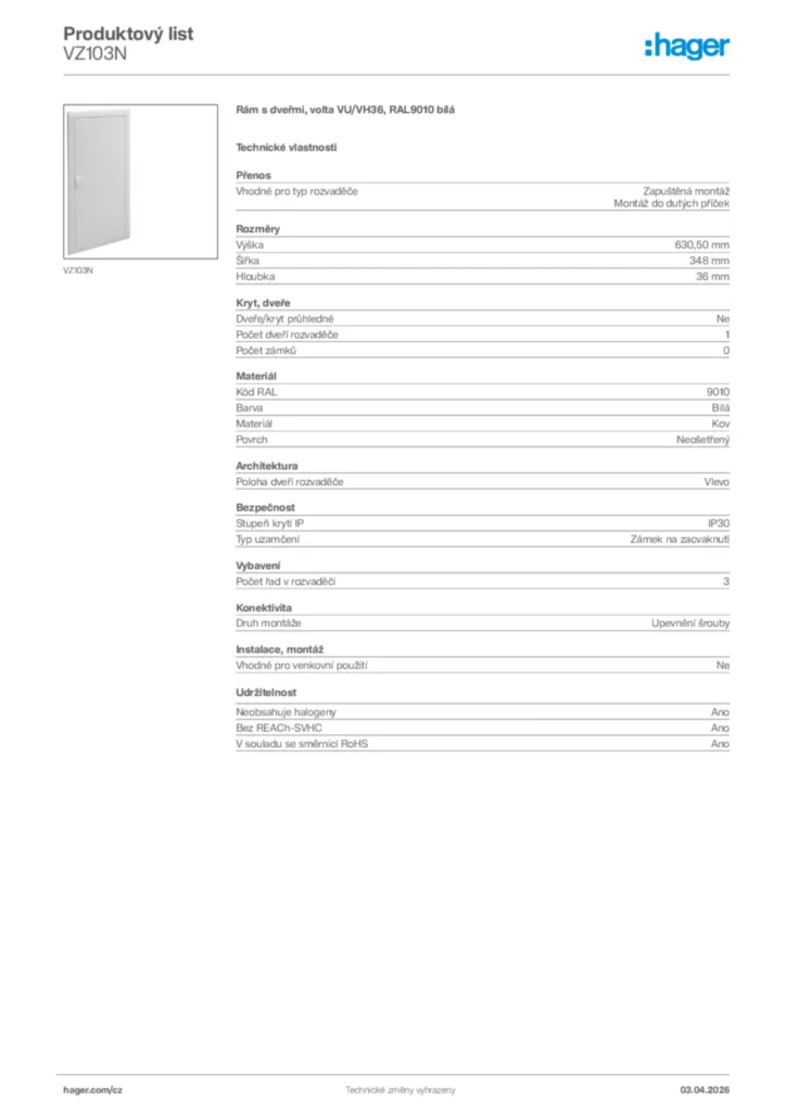 Obrázek Hager Product data sheet VZ103N | Hager