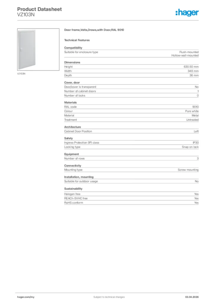 Image Hager Product data sheet VZ103N  | Hager