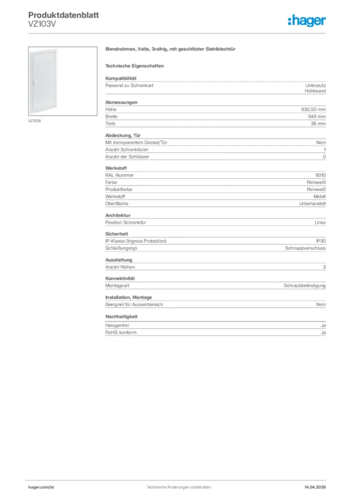 Bild Hager Produktdatenblatt VZ103V | Hager Deutschland