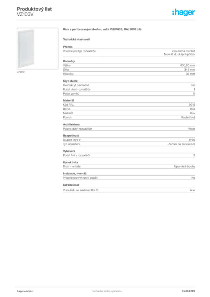 Obrázek Hager Produktový list VZ103V | Hager