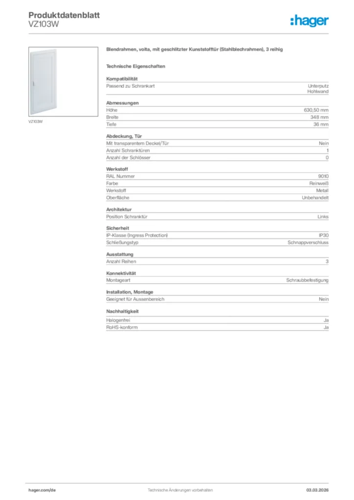 Bild Hager Produktdatenblatt VZ103W | Hager Deutschland