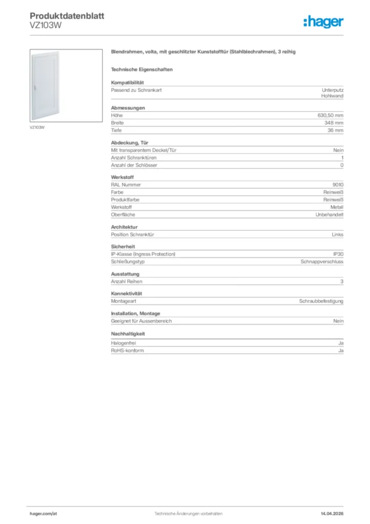 Bild Hager Produktdatenblatt VZ103W | Hager Deutschland