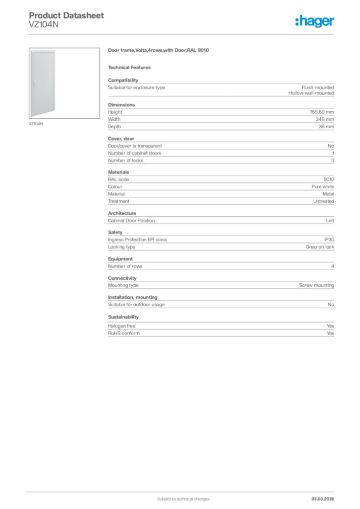 Image Hager Product data sheet VZ104N  | Hager Africa