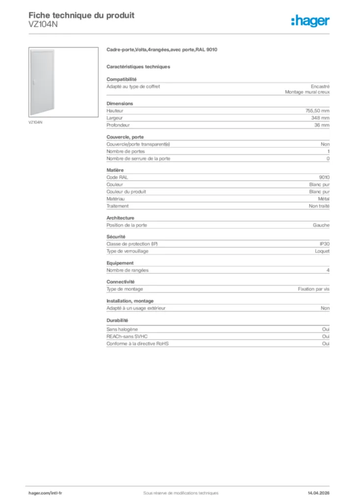Image Hager Fiche technique du produit VZ104N | Hager Afrique