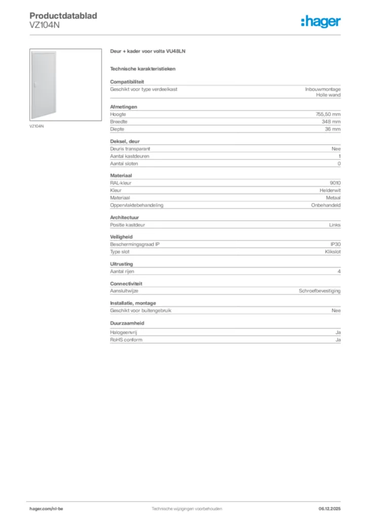 Afbeelding Hager Productdatablad VZ104N | Hager Belgium