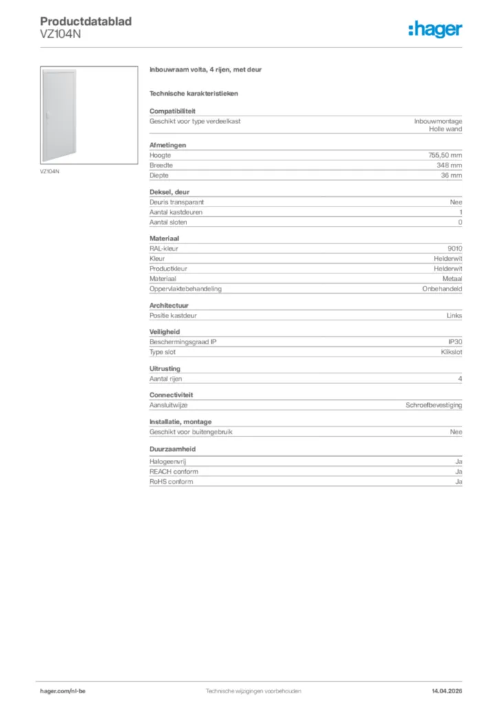Afbeelding Hager Productdatablad VZ104N | Hager Belgium