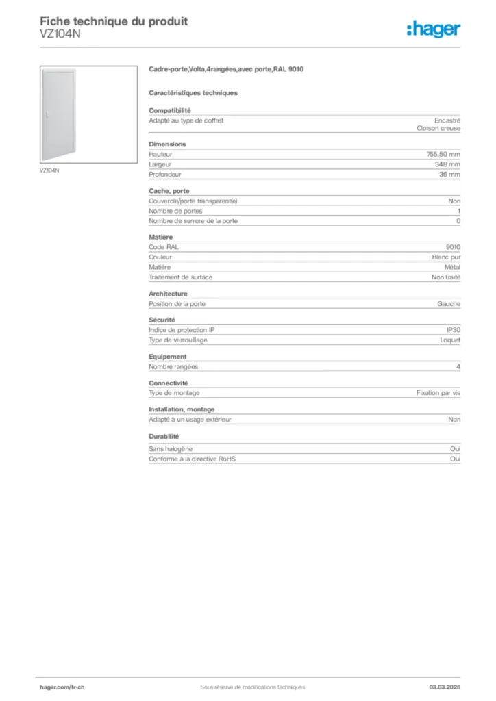 Image Hager Fiche technique du produit VZ104N | Hager Suisse