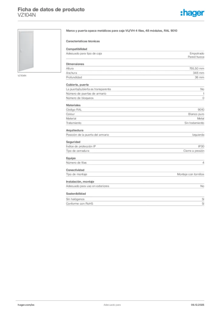 Imagen Hager Ficha de datos de producto VZ104N | Hager España