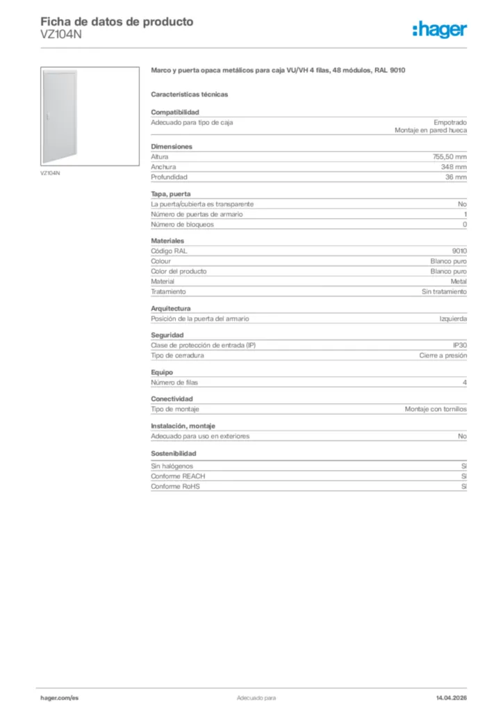 Imagen Hager Ficha de datos de producto VZ104N | Hager España