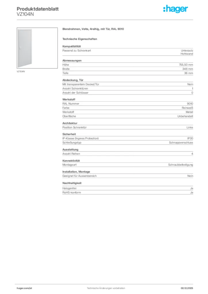 Bild Hager Produktdatenblatt VZ104N | Hager Deutschland
