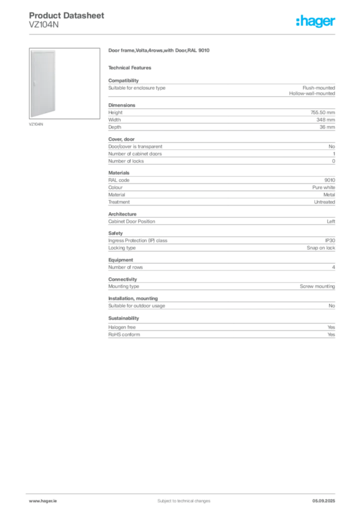 Image Hager Product data sheet VZ104N  | Hager