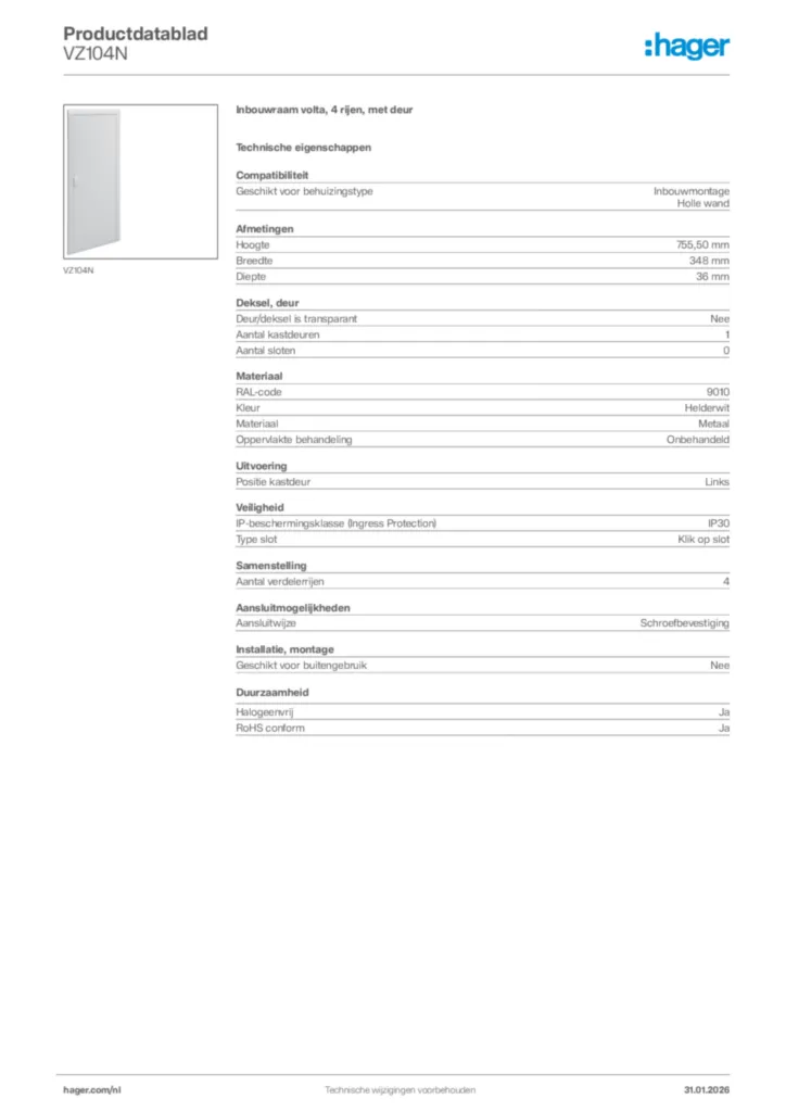 Afbeelding Hager Productdatablad VZ104N | Hager Nederland