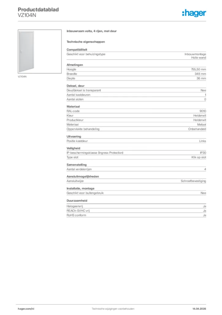 Afbeelding Hager Productdatablad VZ104N | Hager Nederland