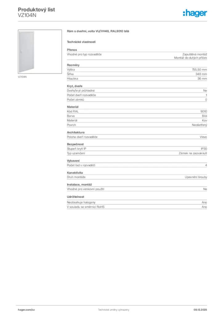 Obrázek Hager Product data sheet VZ104N | Hager