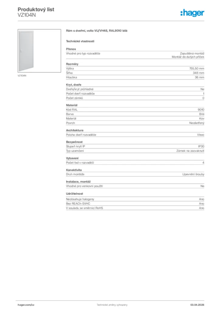 Obrázek Hager Product data sheet VZ104N | Hager