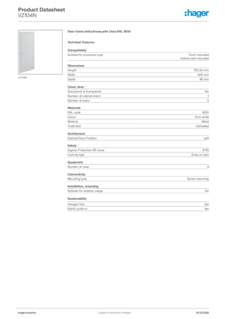 Image Hager Product data sheet VZ104N  | Hager