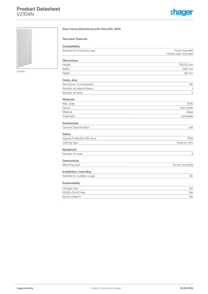Image Hager Product data sheet VZ104N  | Hager