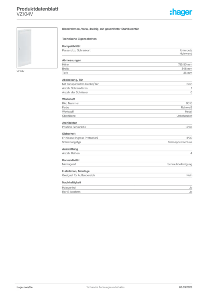 Bild Hager Produktdatenblatt VZ104V | Hager Deutschland