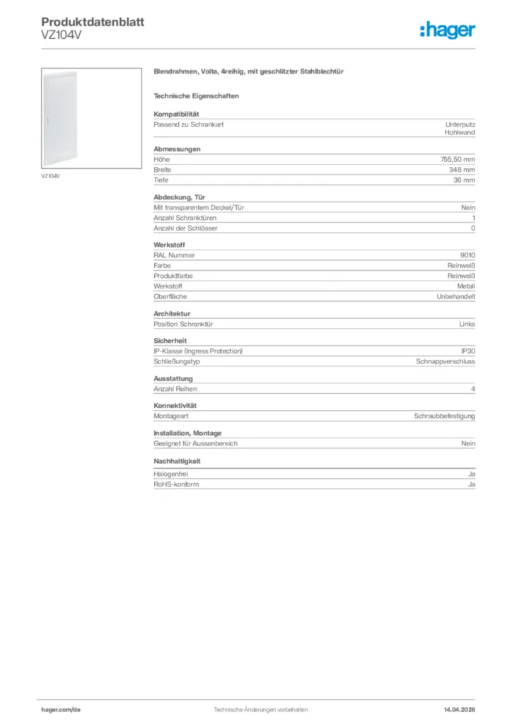 Bild Hager Produktdatenblatt VZ104V | Hager Deutschland