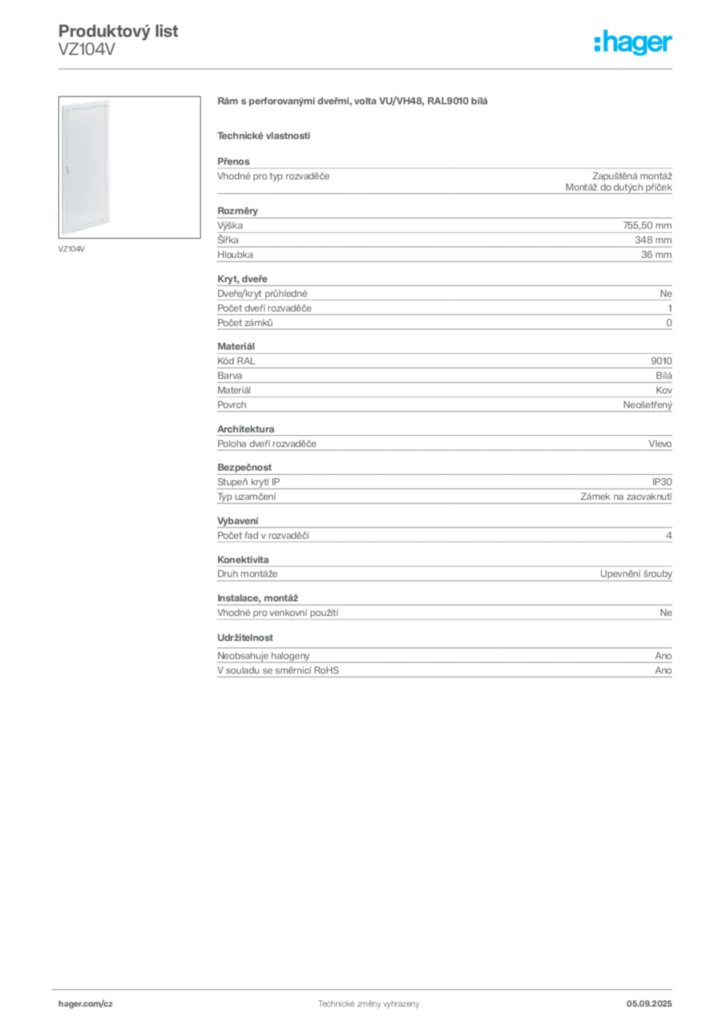 Obrázek Hager Produktový list VZ104V | Hager