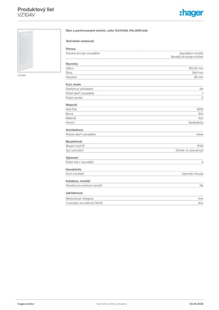 Obrázek Hager Product data sheet VZ104V | Hager
