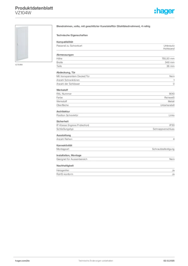 Hager Produktdatenblatt VZ104W