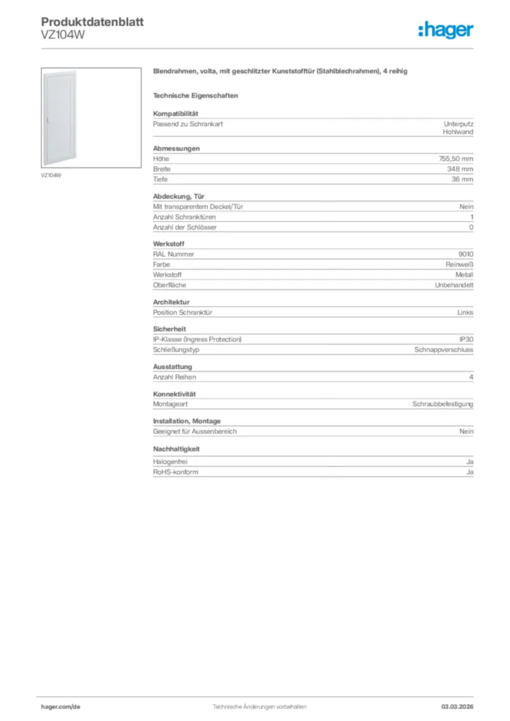 Bild Hager Produktdatenblatt VZ104W | Hager Deutschland