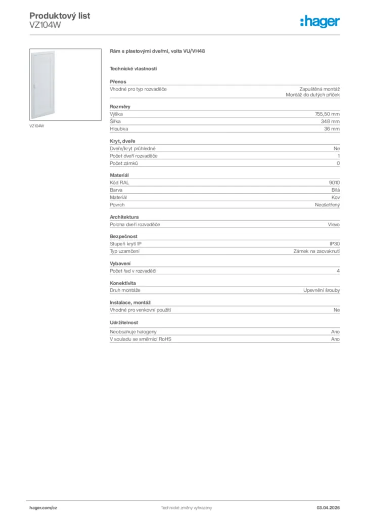Obrázek Hager Product data sheet VZ104W | Hager