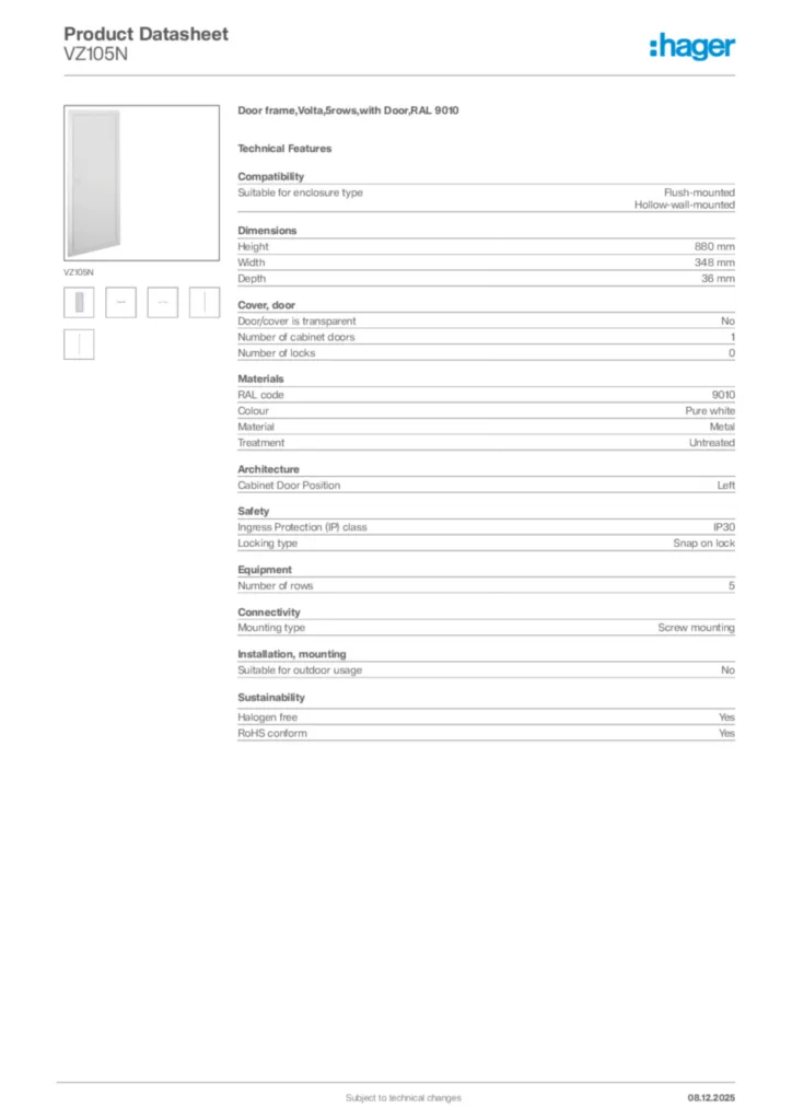 Image Hager Product data sheet VZ105N  | Hager Africa