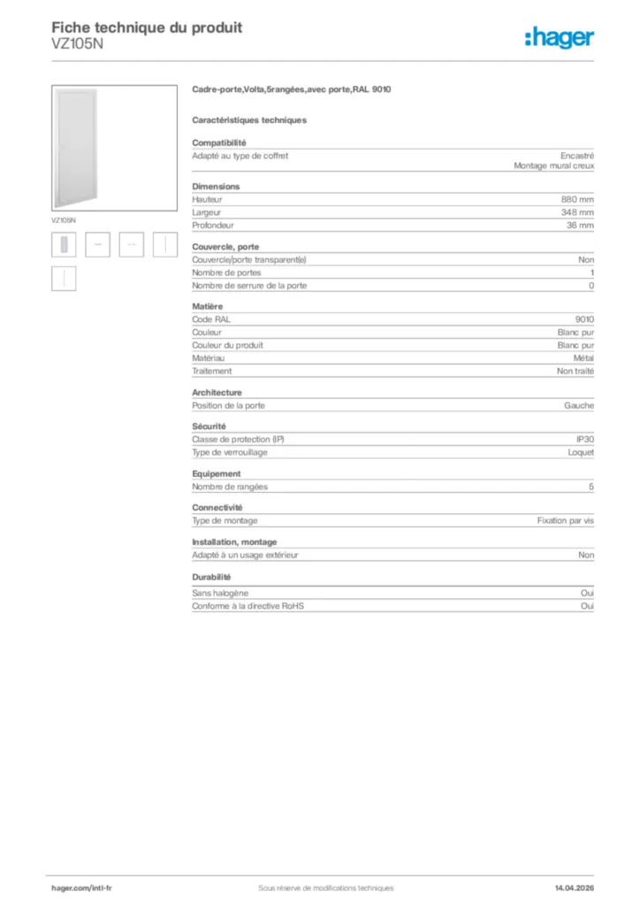 Image Hager Fiche technique du produit VZ105N | Hager Afrique
