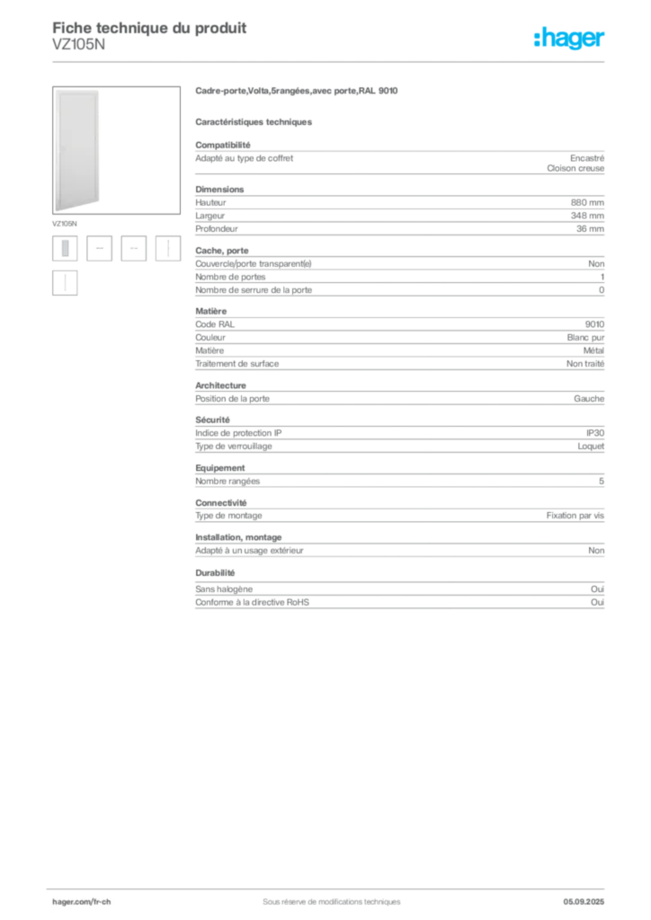 Image Hager Fiche technique du produit VZ105N | Hager Suisse