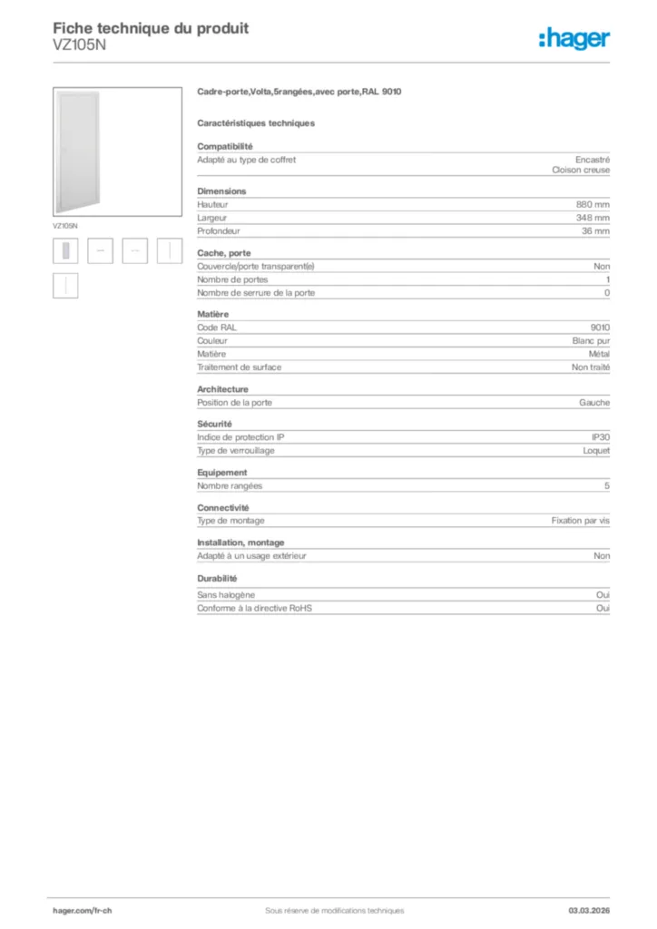 Image Hager Fiche technique du produit VZ105N | Hager Suisse