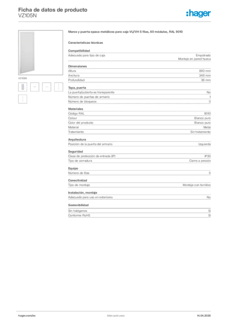 Imagen Hager Ficha de datos de producto VZ105N | Hager España