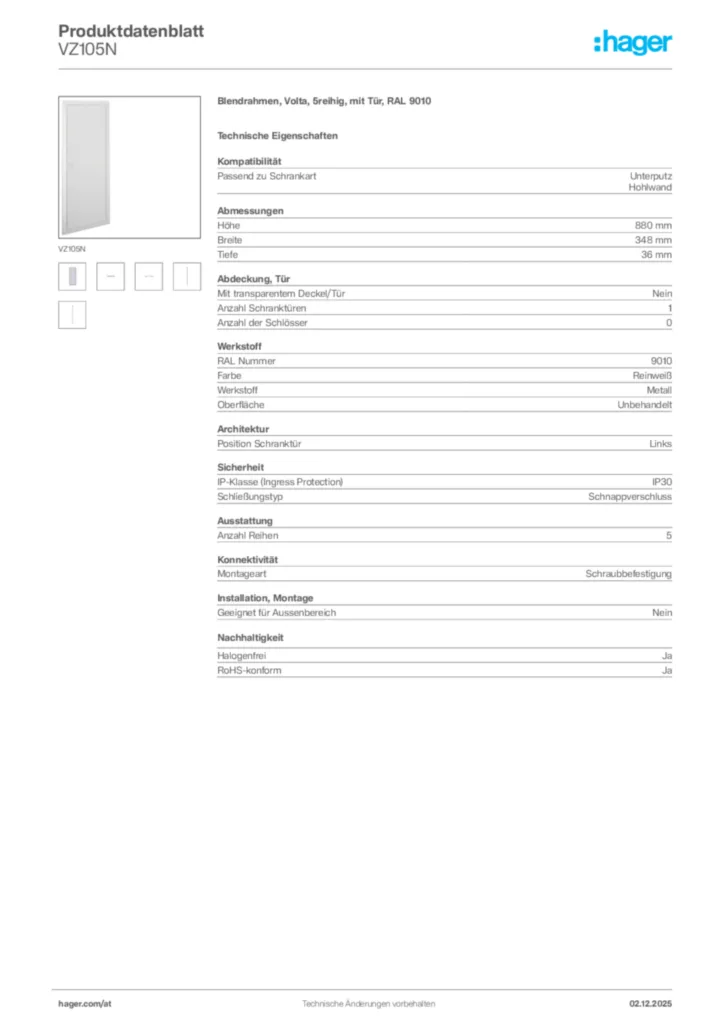 Bild Hager Produktdatenblatt VZ105N | Hager Deutschland