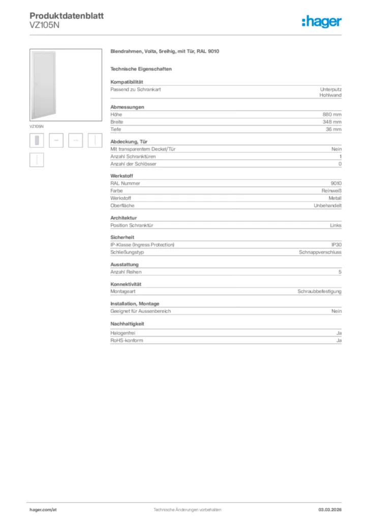 Bild Hager Produktdatenblatt VZ105N | Hager Deutschland