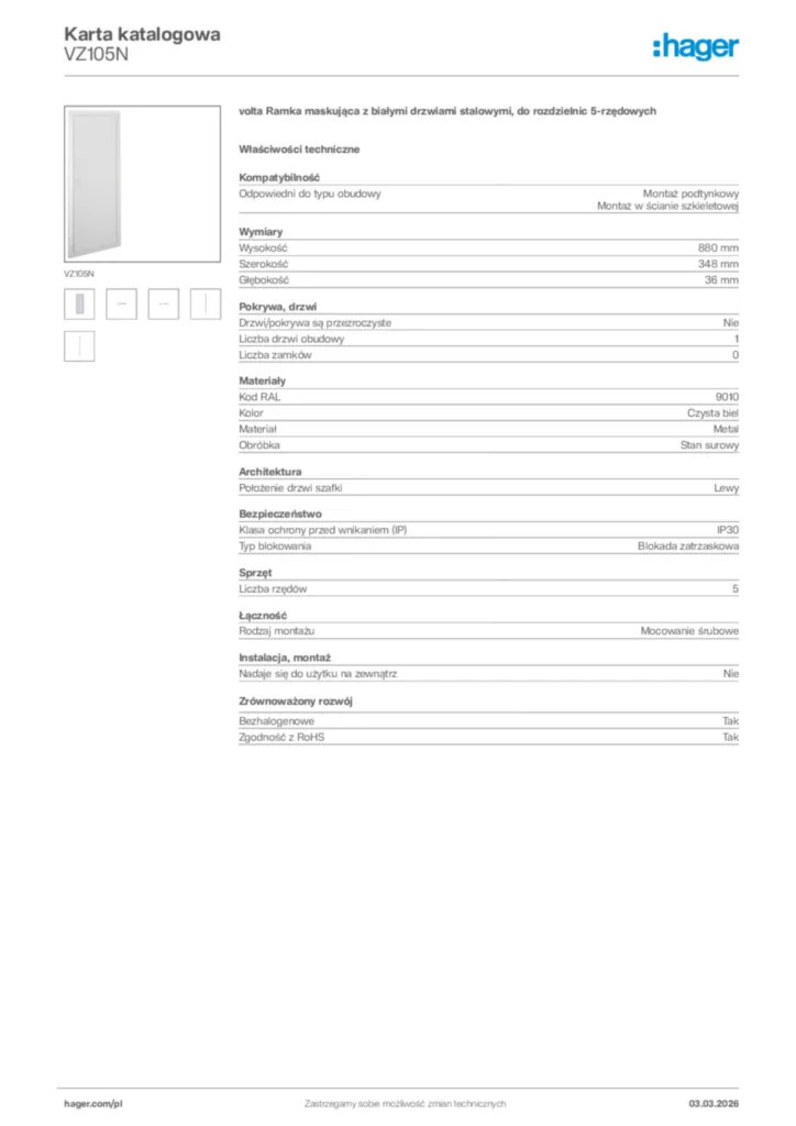 Zdjęcie Hager Karta katalogowa VZ105N | Hager Polska