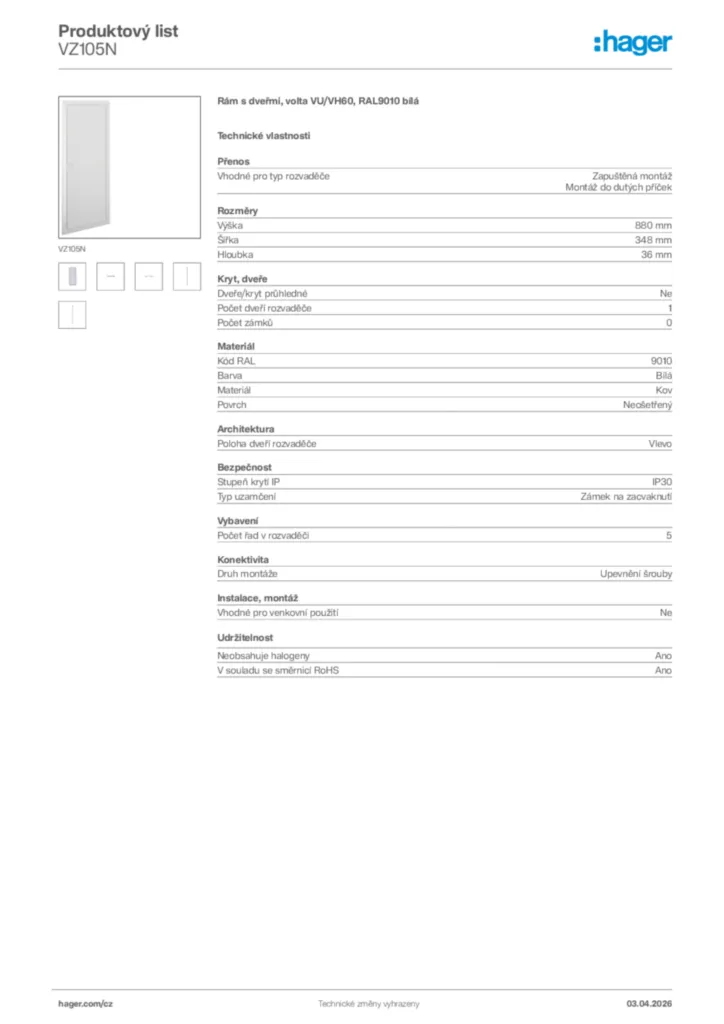 Obrázek Hager Product data sheet VZ105N | Hager
