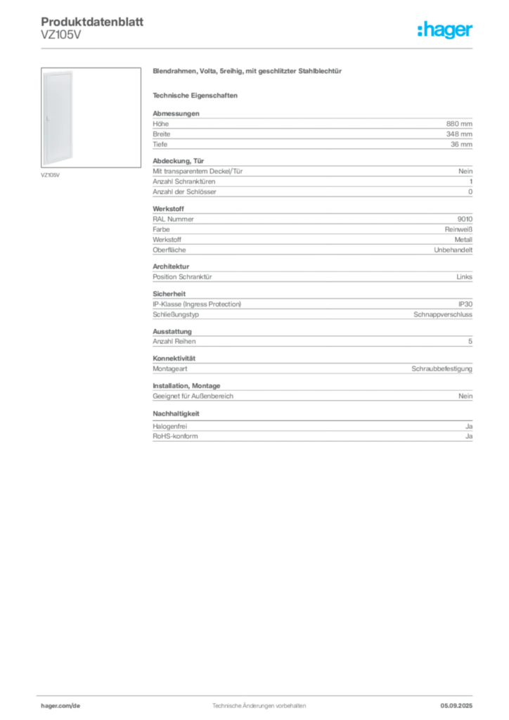 Bild Hager Produktdatenblatt VZ105V | Hager Deutschland