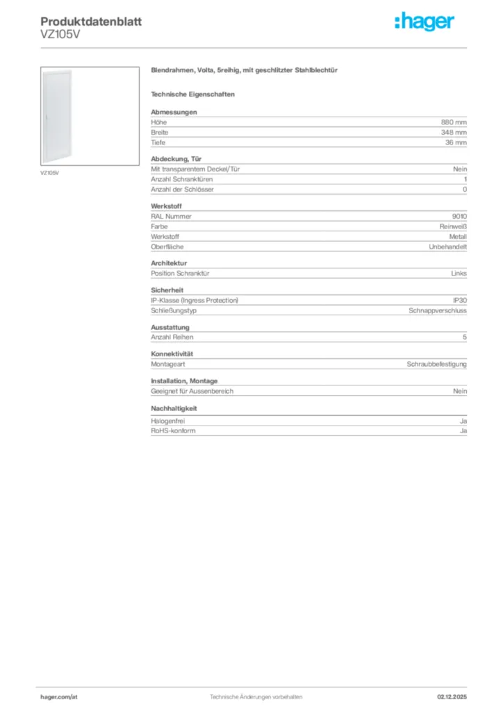 Bild Hager Produktdatenblatt VZ105V | Hager Deutschland