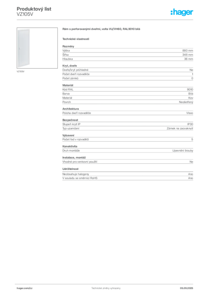 Obrázek Hager Produktový list VZ105V | Hager