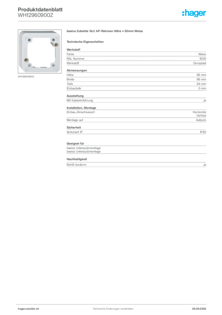 Bild Hager Produktdatenblatt WH12960900Z | Hager Schweiz