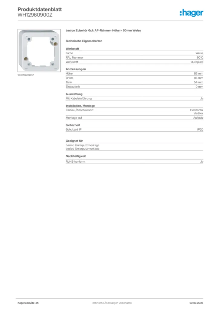 Bild Hager Produktdatenblatt WH12960900Z | Hager Schweiz