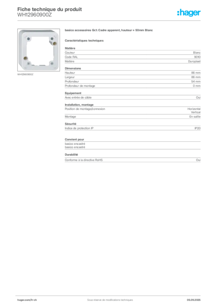 Image Hager Fiche technique du produit WH12960900Z | Hager Suisse