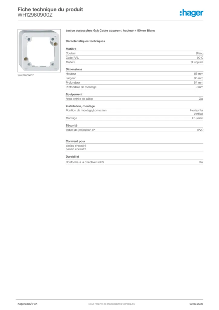 Image Hager Fiche technique du produit WH12960900Z | Hager Suisse