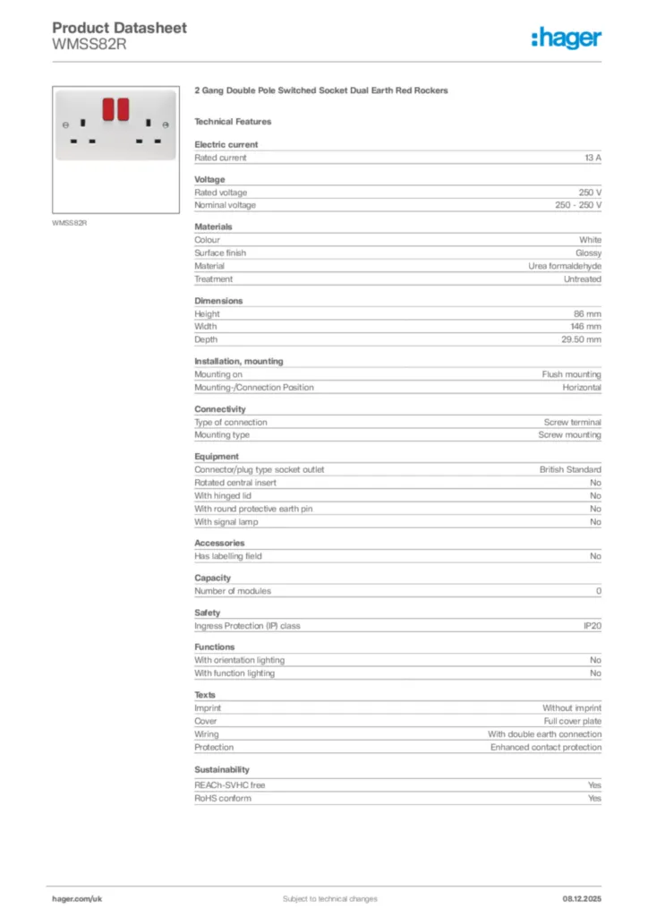Image Hager Product data sheet WMSS82R  | Hager