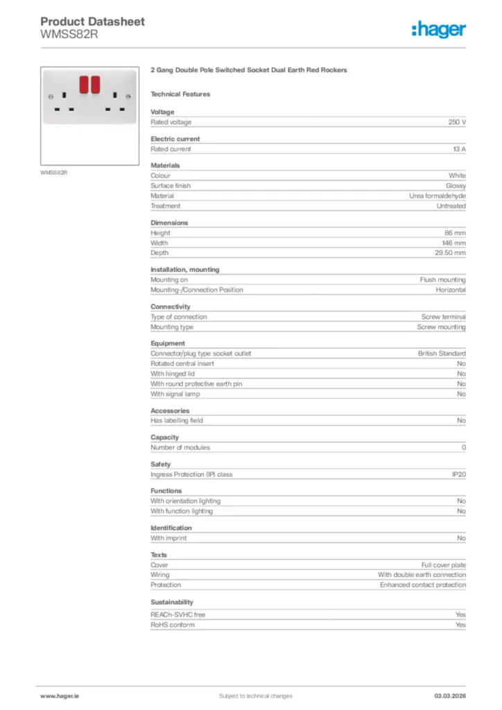 Image Hager Product data sheet WMSS82R  | Hager