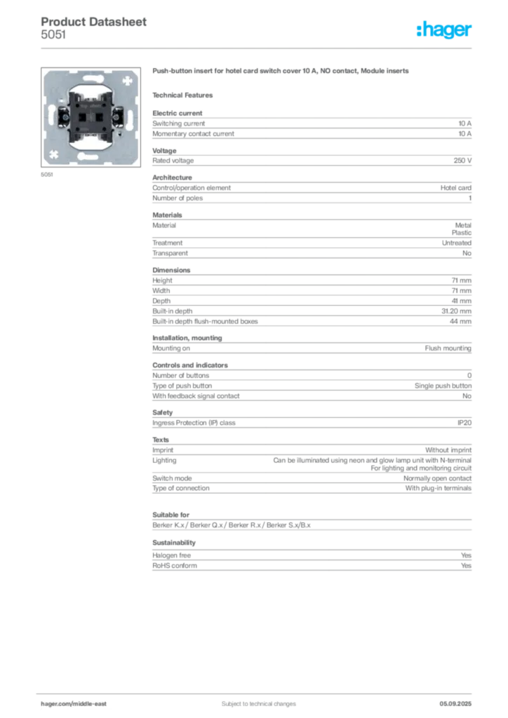 Image Hager Product data sheet 5051  | Hager